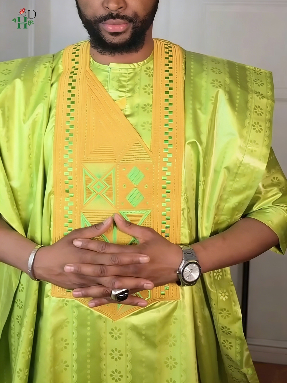 H & D vêtements africains pour hommes traditionnel Bazin Riche broderie Design haut à manches longues vert 3 pièces ensemble musulman Abayas Thobe 2026