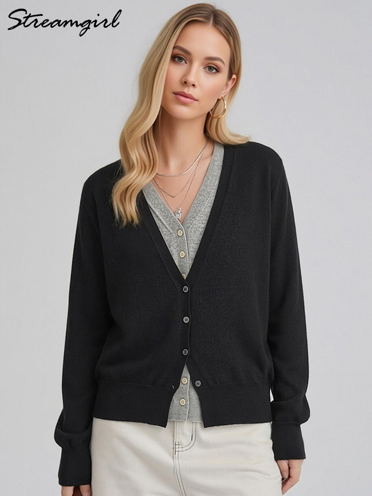 Cardigan court à boutons pour femme, manches longues, col en V, ample, effet deux pièces, rouge, tricoté, veste d'automne pour femme