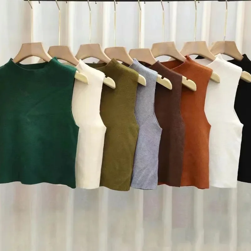 Débardeur Femme Tricoté Couleur Unie Col Semi-Montant Court Printemps Automne Sans Manches