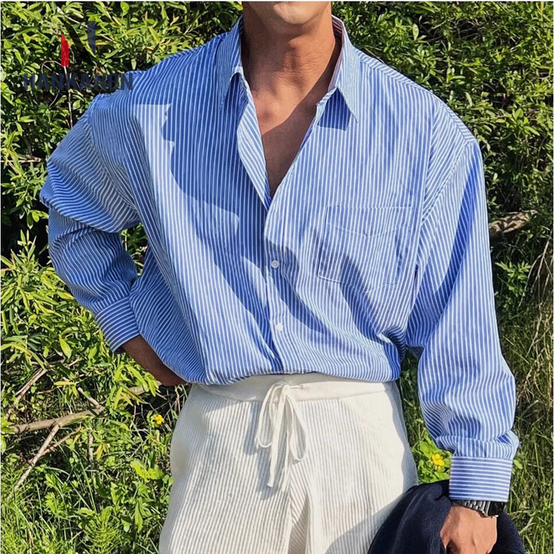 Chemise à manches longues à rayures verticales bleues pour hommes, manteau de chemise décontracté de haute qualité de Style coréen, voyage, randonnée