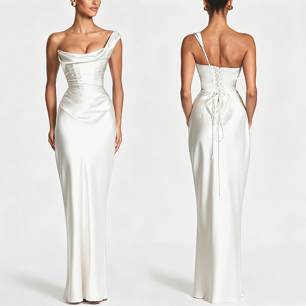 Robe de soirée longue sirène en satin pour femme, à épaules dénudées, col drapé, bretelle spaghetti unique, taille froncée unie, dos lacé