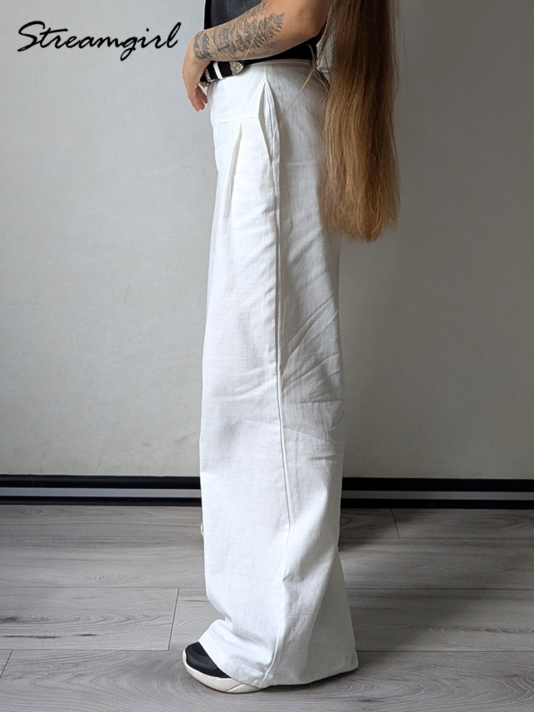 Pantalon blanc d'été pour femme en coton, taille haute, coupe large, élégant, pour le bureau