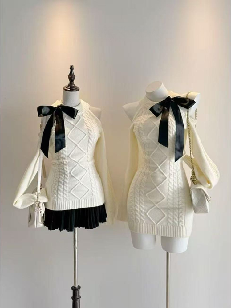 Kawaii – robe pull à épaules dénudées pour femme, coupe cintrée, chaude, en tricot, mode coréenne, avec nœud, manches longues, élégante, tendance, nouvelle collection hiver