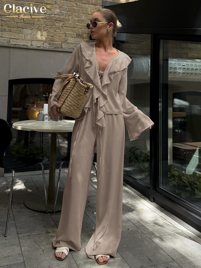 Clacive mode ample kaki deux pièces tenues femme 2025 élégant à manches longues chemise à volants avec taille haute pantalon large ensemble femme