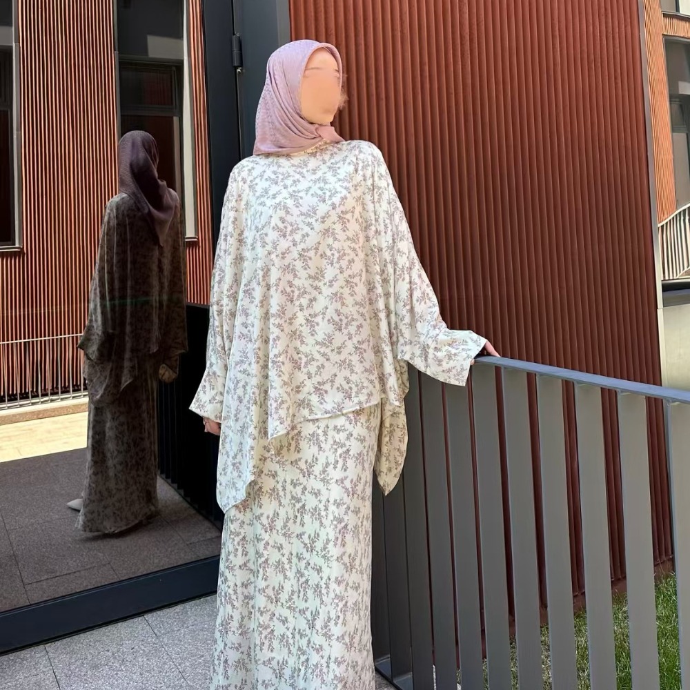 2 pièces Ensemble femmes fête imprimé Blouse jupe Musulman Ensembles Ensemble dubaï Islam Ramadan 2025 femme musulmane jupes longues Costume