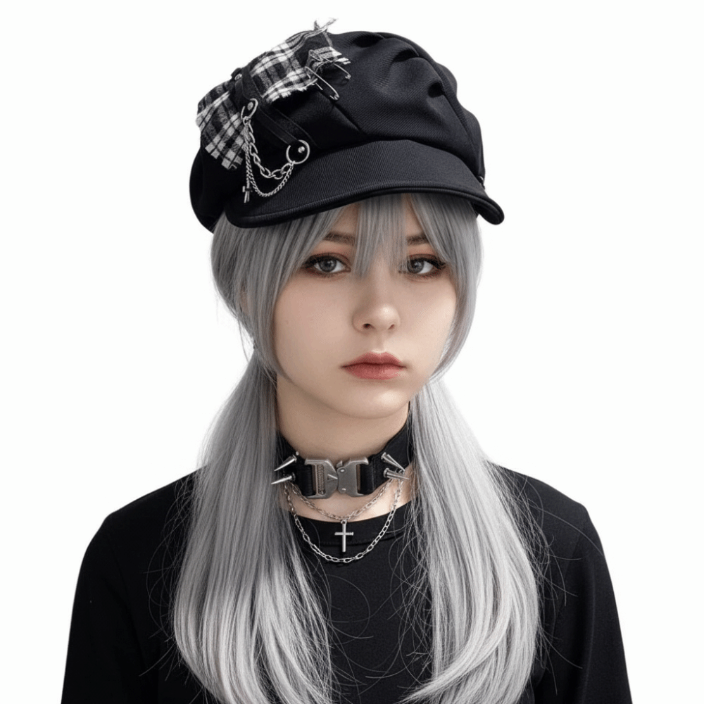 Chapeau pour femme style Y2K, subculture punk, millennial, gothique, lolita, chic et cool, neutre, à carreaux foncés, avec croix, type béret, mignon
