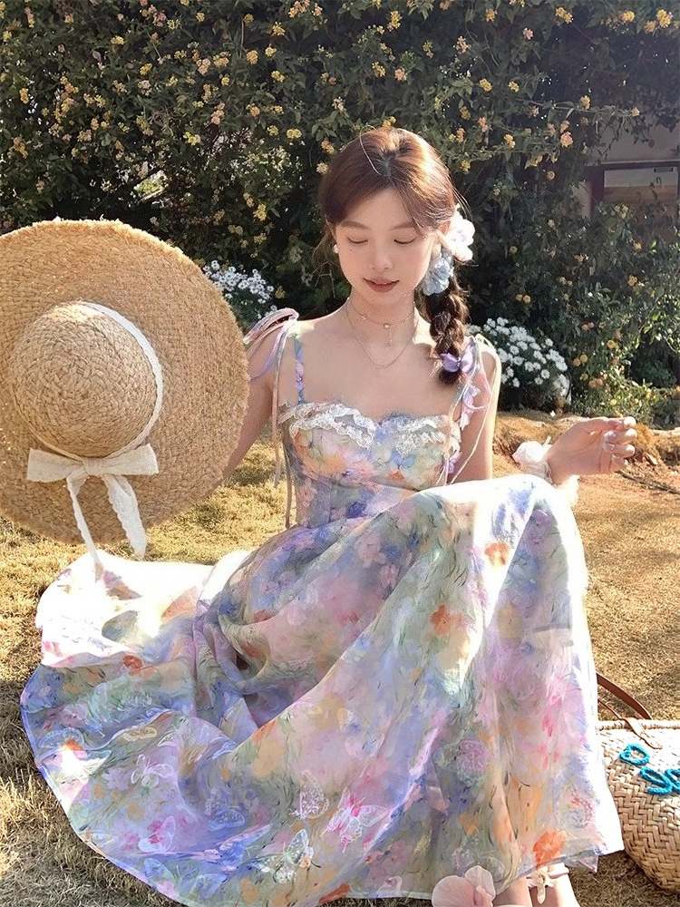 Français élégant robe à bretelles florales femmes doux Style de plage mode coréenne vêtements soirée Vintage robe mi-longue soirée
