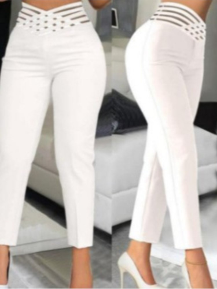Pantalon femme mode décontracté bureau noir blanc maigre cheville longueur pantalon femme Sexy évider taille haute pantalon printemps été