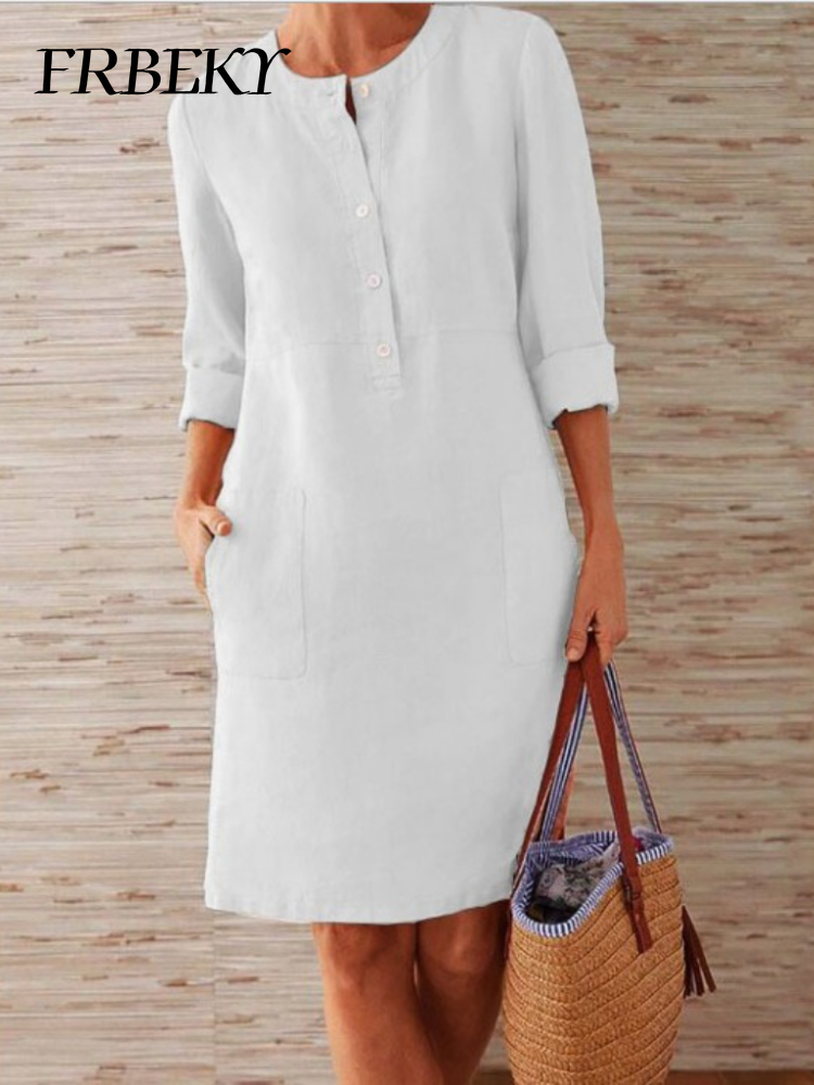 Robe blanche à manches longues et col rond pour femmes, robes décontractées bon marché, vêtements élégants pour dames, document monochrome, printemps