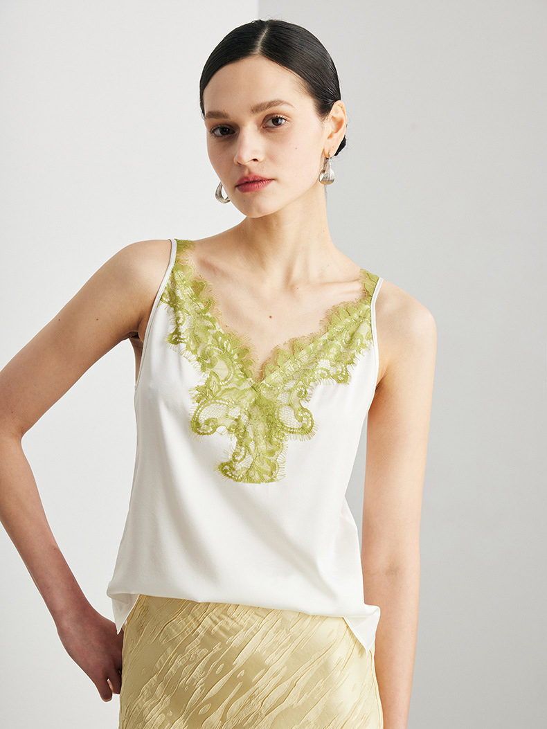 SuyaDream. Camisoles en soie pour femmes, 90% soie véritable, col en V en dentelle, t-shirt chic sans manches, haut confortable printemps-été 2026, blanc, noir