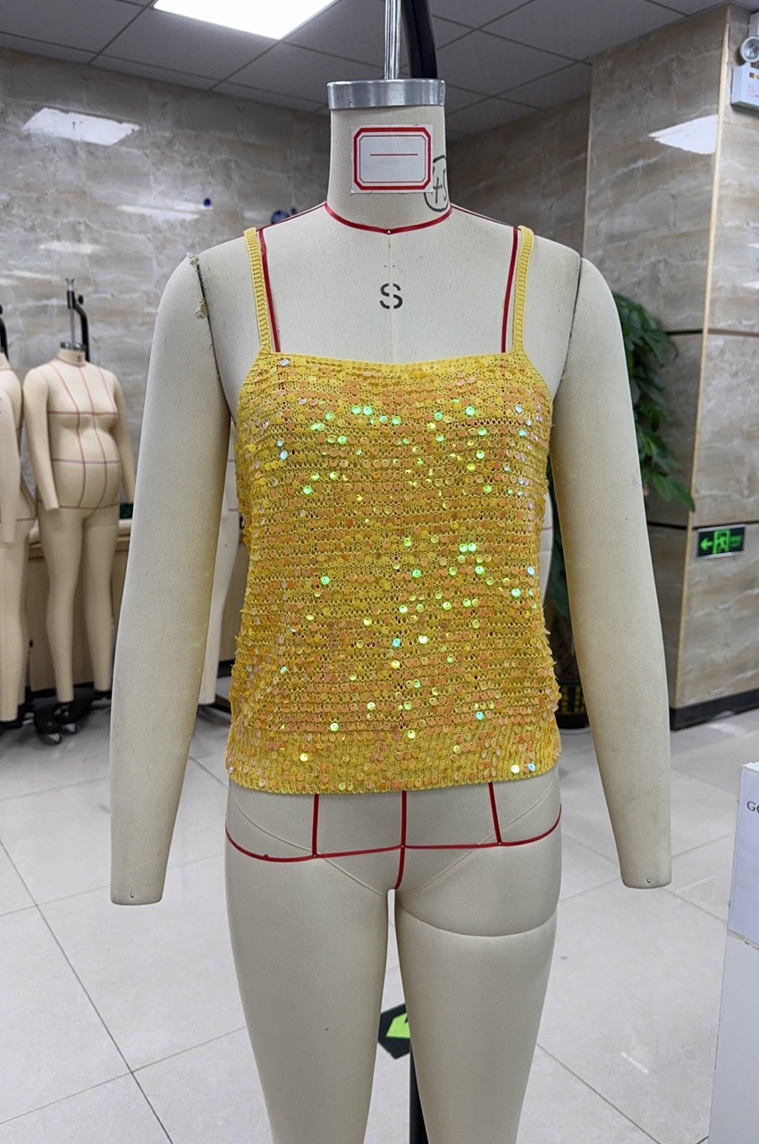 Haut court en Crochet orné de paillettes pour femmes, Camis smocké tricoté de plage, scintillant, dos nu, couverture, gilet, été