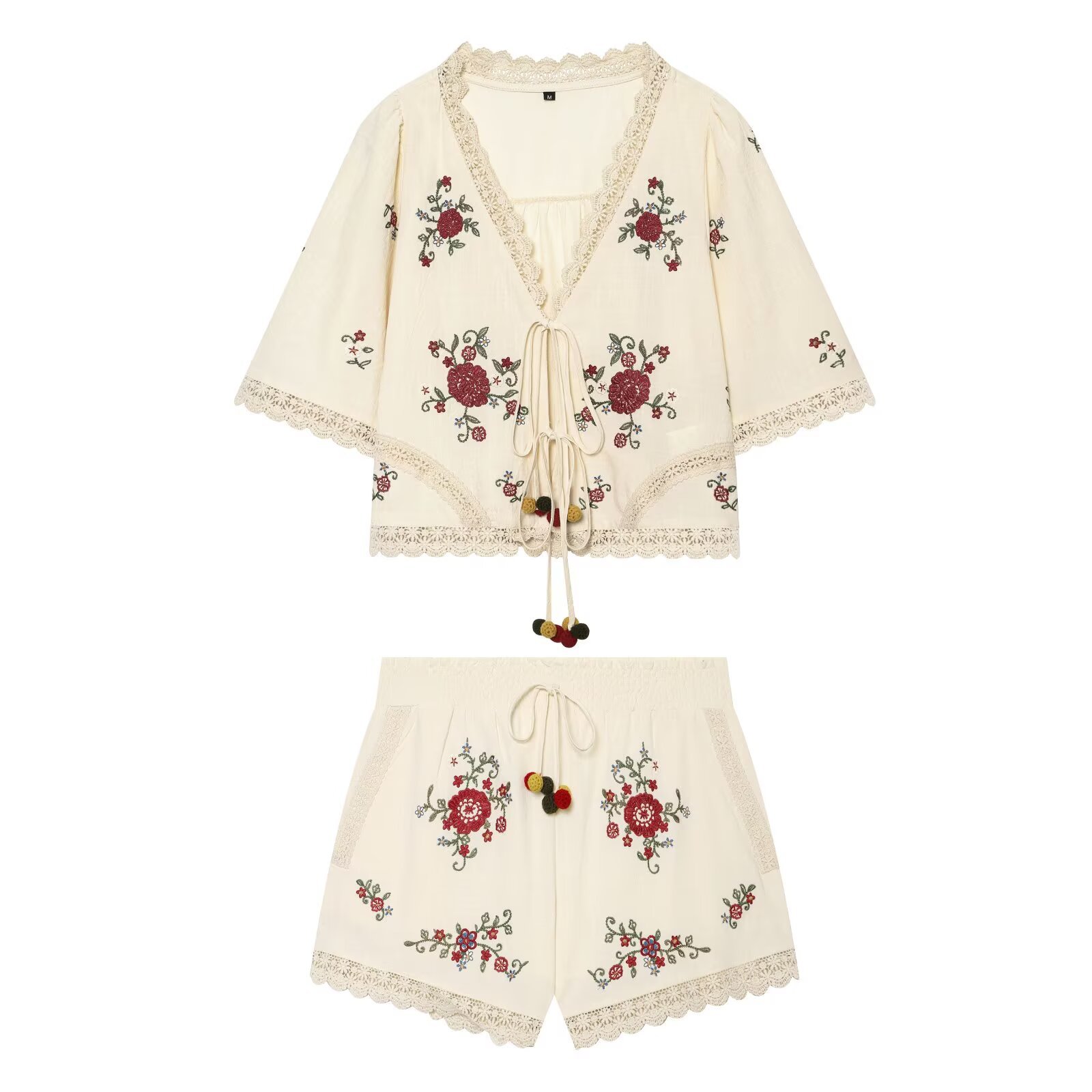 Ensembles 2 Pièces Bohème Broderie Florale Femme : Crop Top à Nouer et Short à Bordure Dentelle, Tenues d'Été Plage Vacances avec Pompons 2026