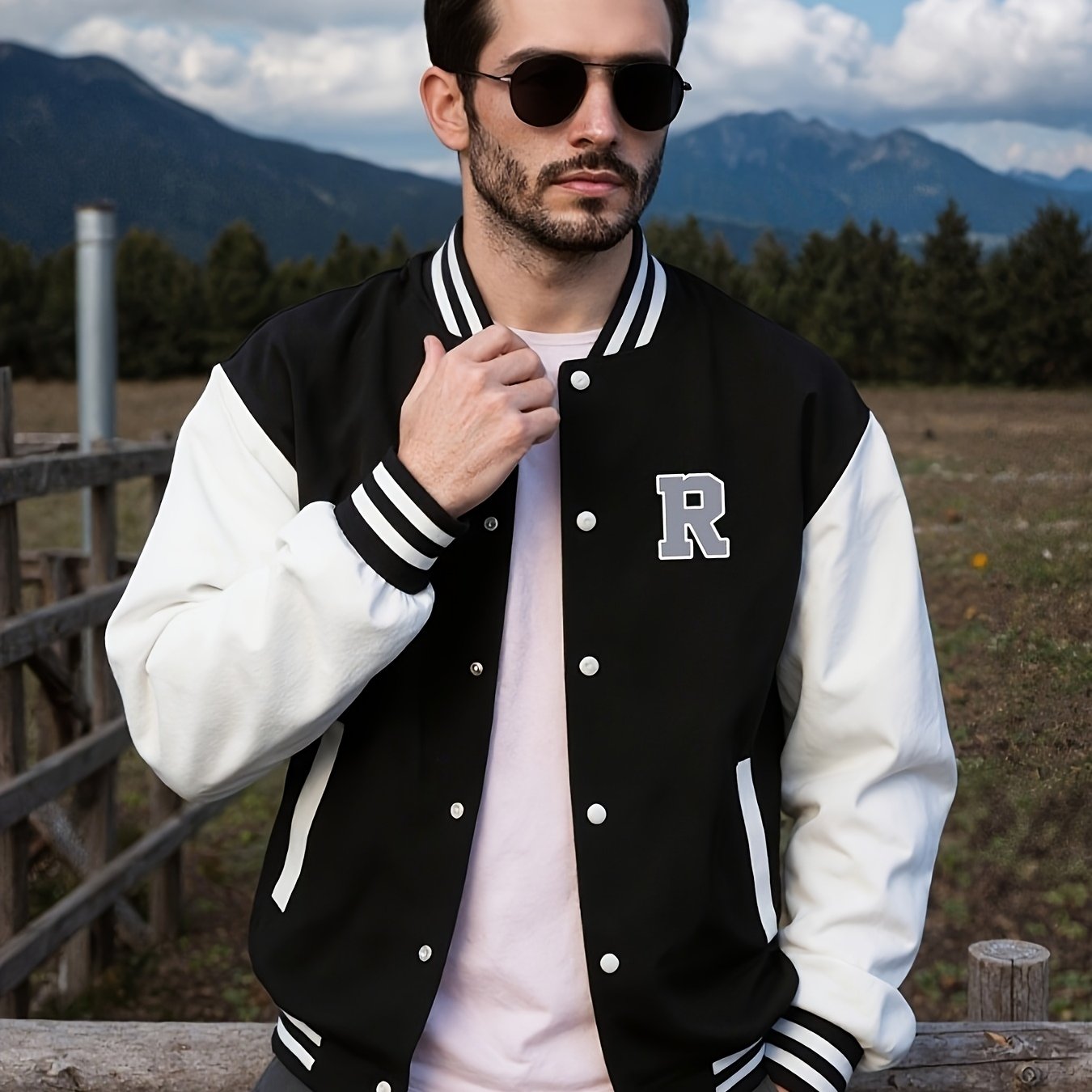 Veste de baseball décontractée pour homme, veste stylée pour homme, design de poche de veste, imprimé motif R tendance