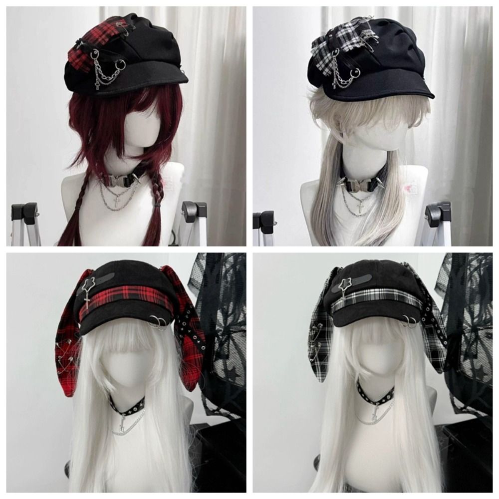 Chapeau Béret à Oreilles de Lapin Élégant à Carreaux, Chapeau Octogonal Irrégulier à Bord Fin, Casquette Gothique Punk pour Peintre et Artiste, Accessoire de Photographie