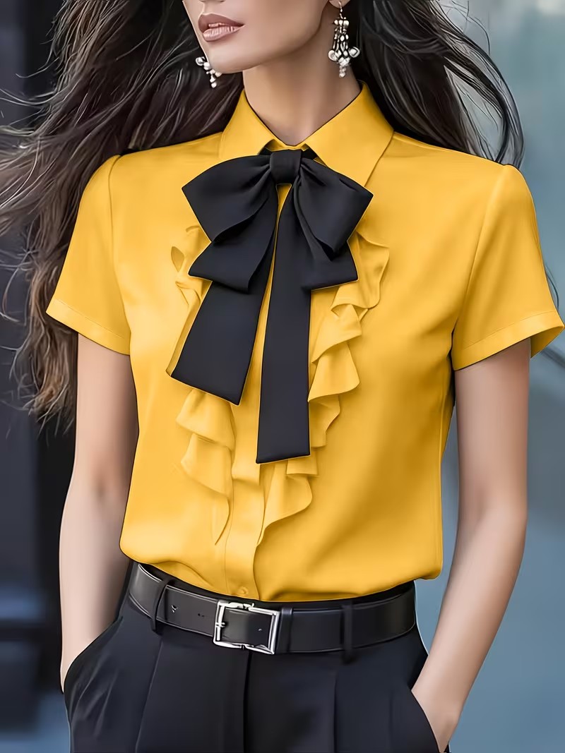 Chemisier élégant à nœud papillon et volants, manches courtes, pour femme, idéal pour le bureau ou les tenues décontractées