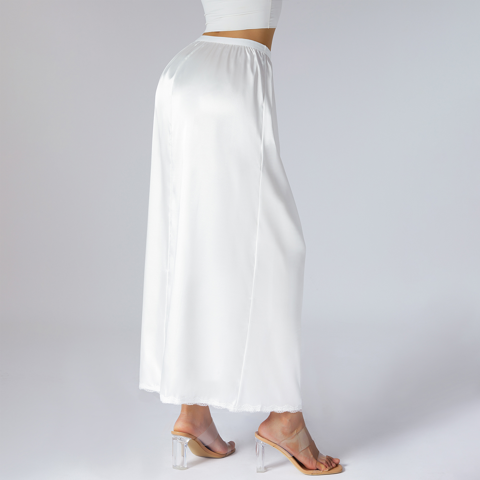 Taille élastique doublure intérieure jupe Midi femmes couleur unie Satin demi-slip sous-jupe longue sous-jupe pour dames blanc/noir/jaune