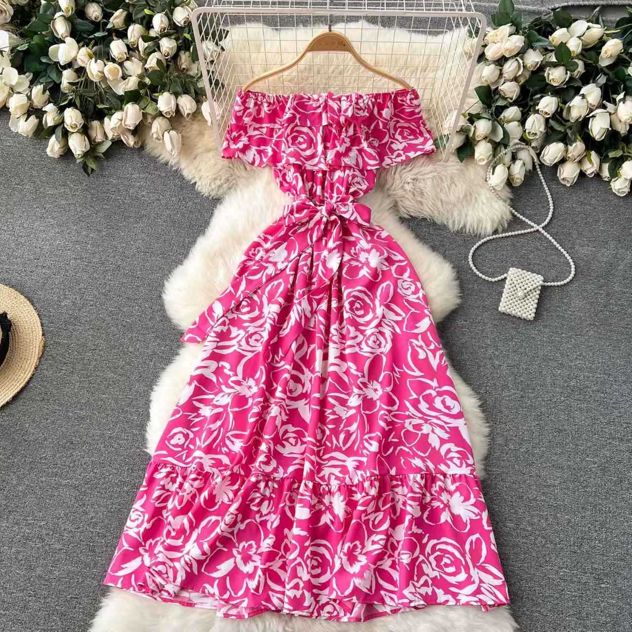 YuooMuoo Robe longue florale pour femme, épaules dénudées, style coréen, à volants, taille ajustée, coupe trapèze, robe de soirée, bohème d'été, ceinturée, robe de plage