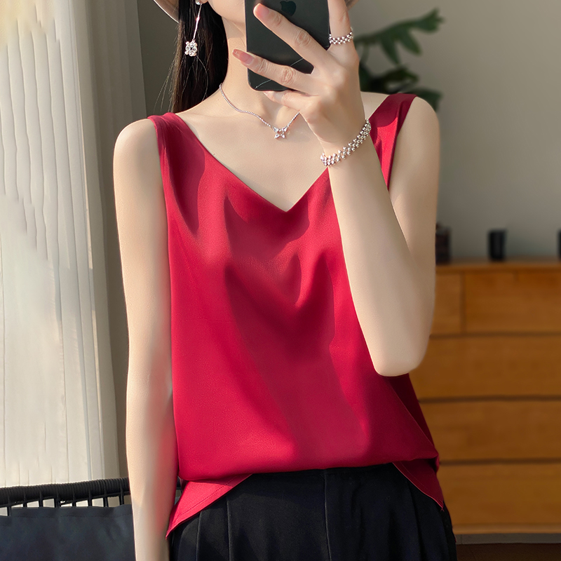 Débardeur en Satin de soie pour femmes, basique, col en v, multicolore, blanc, noir, haut sans manches, bas Sexy, nouvelle collection été 2024