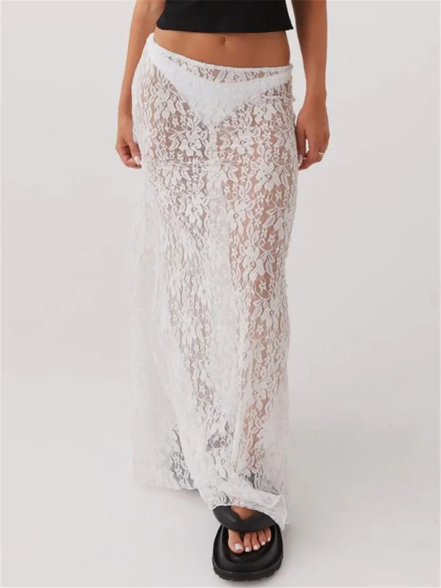 Jupe Maxi en dentelle transparente pour femmes, taille élastique, transparente, moulante, longue, pour fête, Club, Streetwear, fée Y2K, été