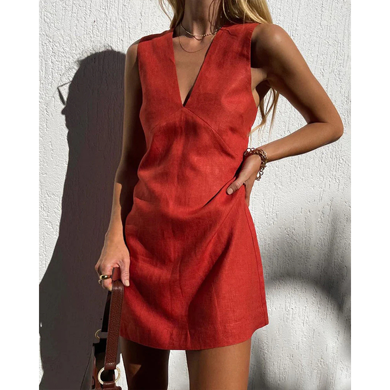 Robes en coton et lin pour femmes, Sexy, col en v, sans manches, débardeur basique, Chic, élégante, robes pour dames, vente d'été