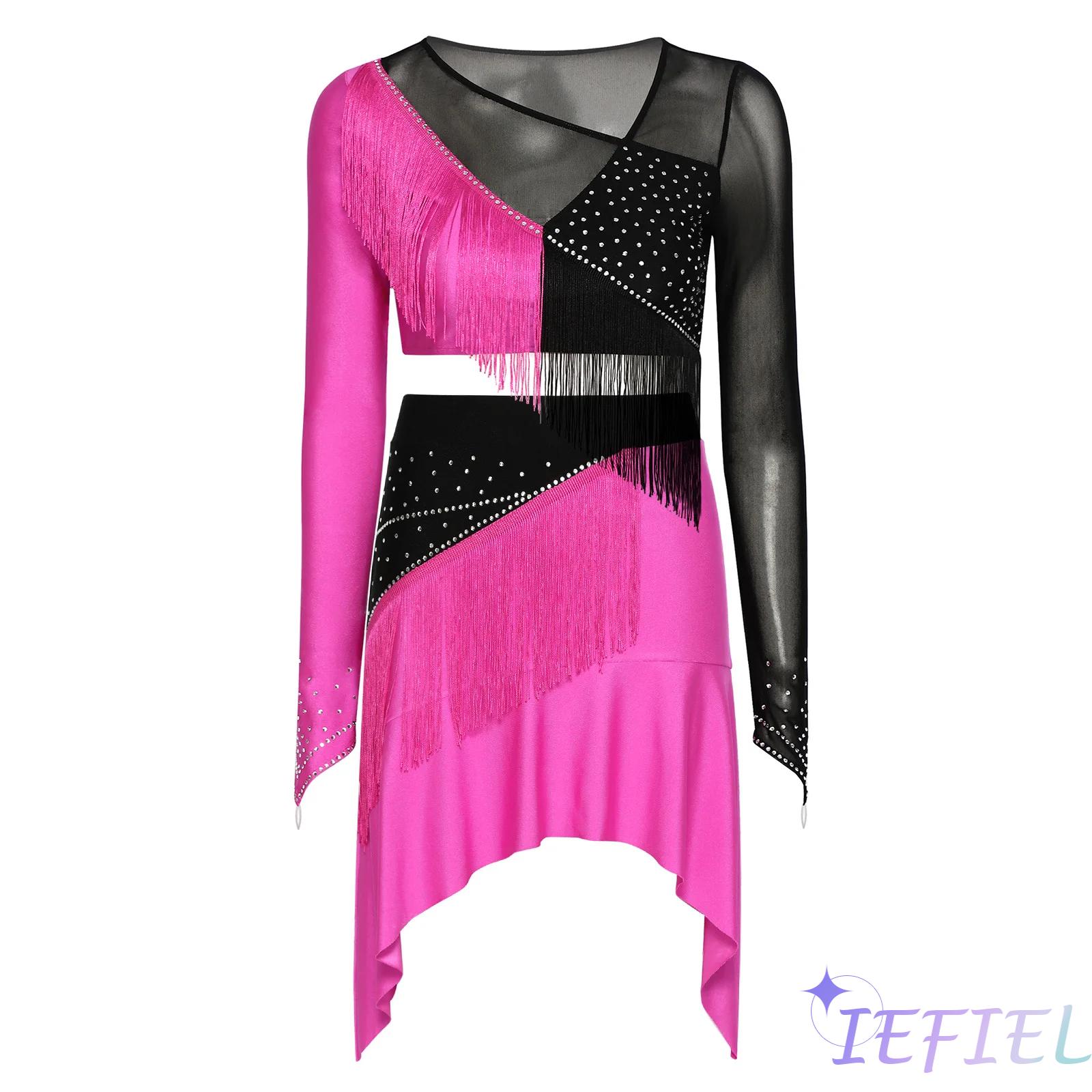 Ensemble de tenue de danse lyrique pour femmes, vêtements de danse contemporaine moderne, haut court en maille à manches longues avec franges et justaucorps à jupe, tenue de ballet