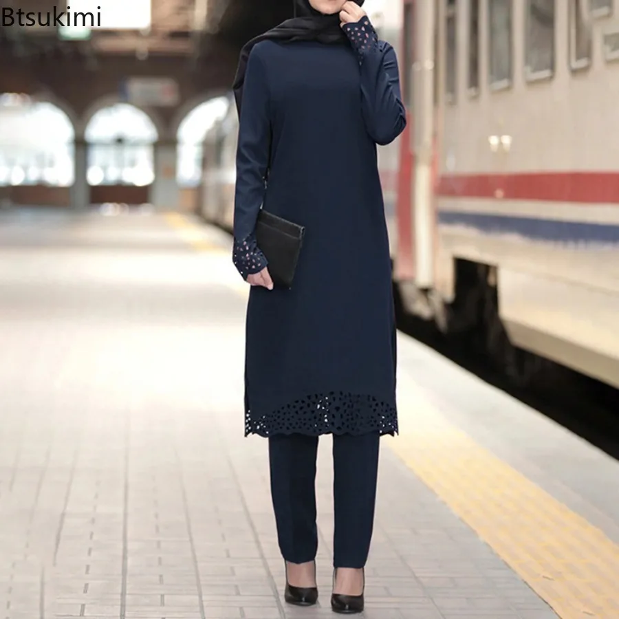 Abaya musulmane pour femmes, ensemble deux pièces ajouré à manches longues et pantalons, vêtements islamiques pour femmes, Kaftan arabe de dubaï, 2026