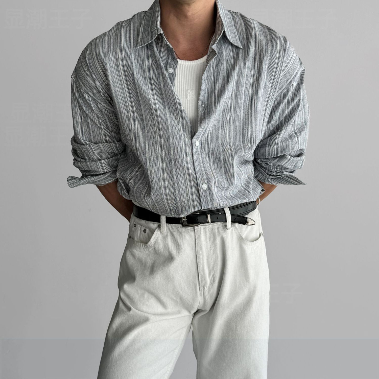 Chemise à manches longues en coton et lin pour hommes, chemises sans rebond, patchwork rayé, vêtements pour hommes, mode, nouveau, 2024