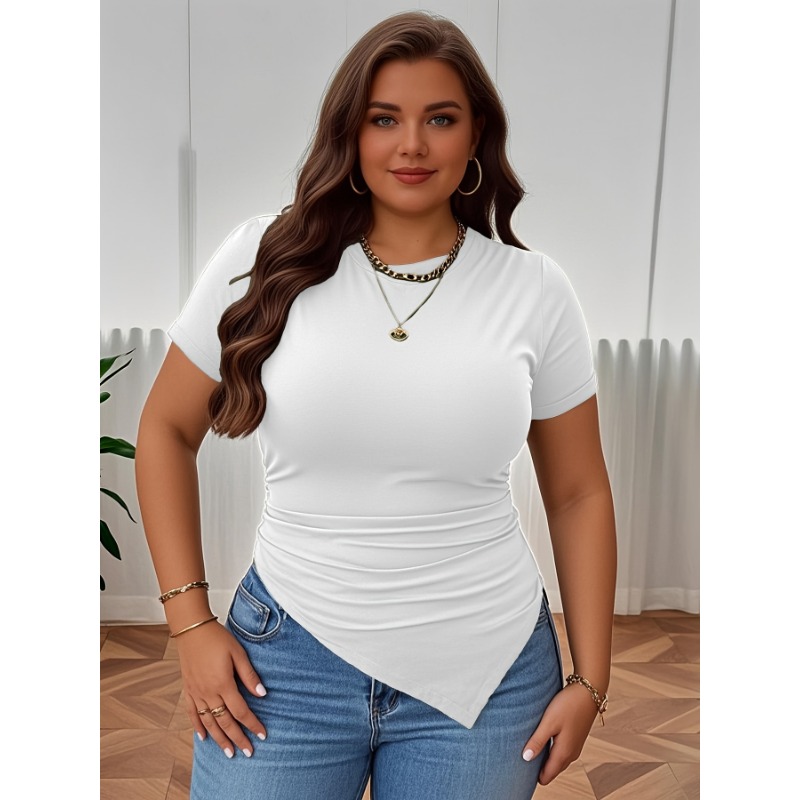 Grande taille nouveaux vêtements pour femmes Ins Style minimaliste col rond T-shirt coupe ajustée tempérament dessus de couleur unie Blouses femme