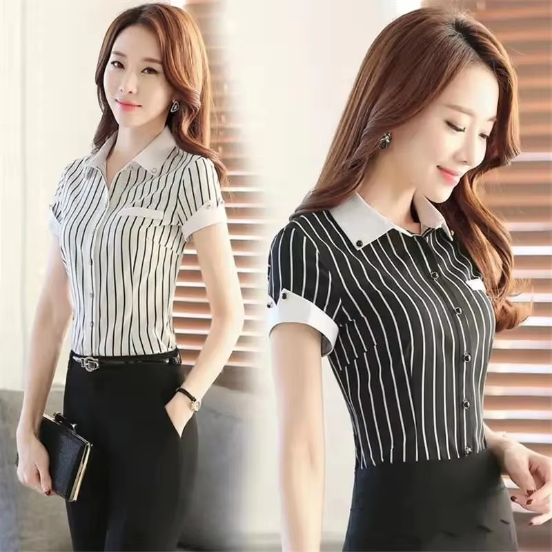 Chemise professionnelle à manches courtes pour femmes, Style printemps/été, élégante, col à manches courtes, boutons rayés, haut en mousseline de soie