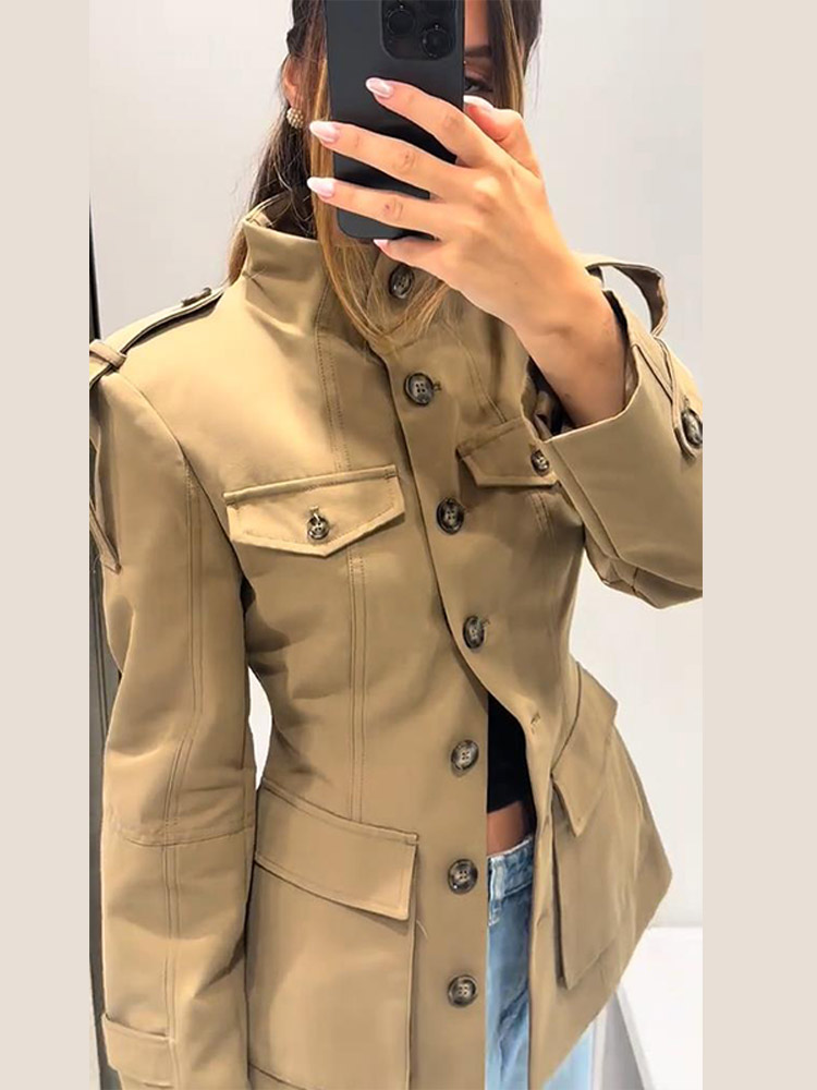 Vestes Vintage à col montant pour femmes, kaki, taille fine, poches à simple boutonnage, manteaux à manches longues, vêtements d'extérieur pour dames, automne 2025