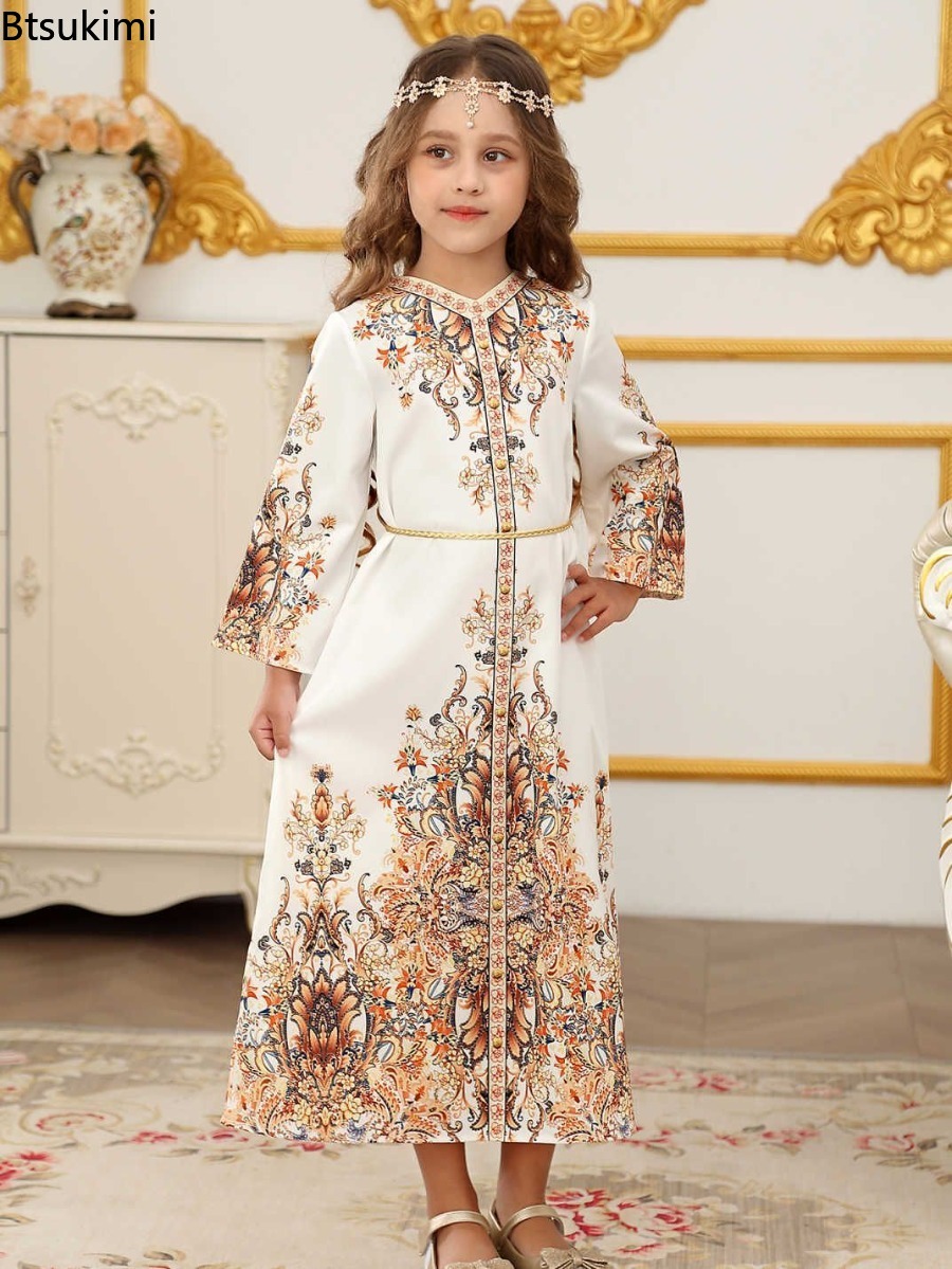 Robes du moyen-orient pour filles, mode musulmane Abayas, caftan arabe turc, dubaï, vêtements islamiques pour enfants, robe imprimée, Robes de soirée