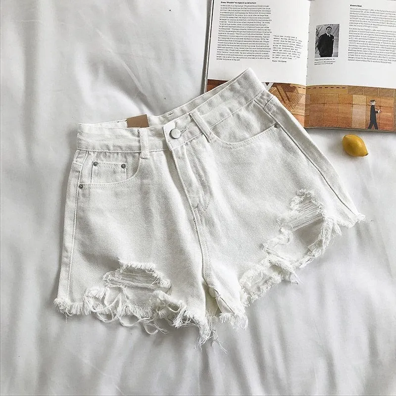 Short en Denim coréen pour femmes, mode d'été décontractée, taille haute, déchiré, poche avec pompon, pantalon chaud Y2K, Streetwear, pantalon bleu