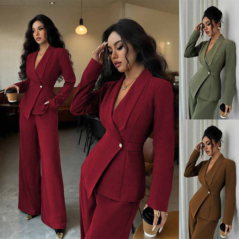 Tempérament mode pantalons minces ensembles femmes couleur unie moulante Blazer manteau pantalon droit deux pièces ensemble vêtements de transport
