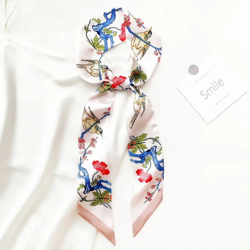 Longue écharpe en soie de luxe pour femmes, imprimé de fleurs, fine et étroite, sac, bandeau pour cheveux, ruban, foulard pour femmes