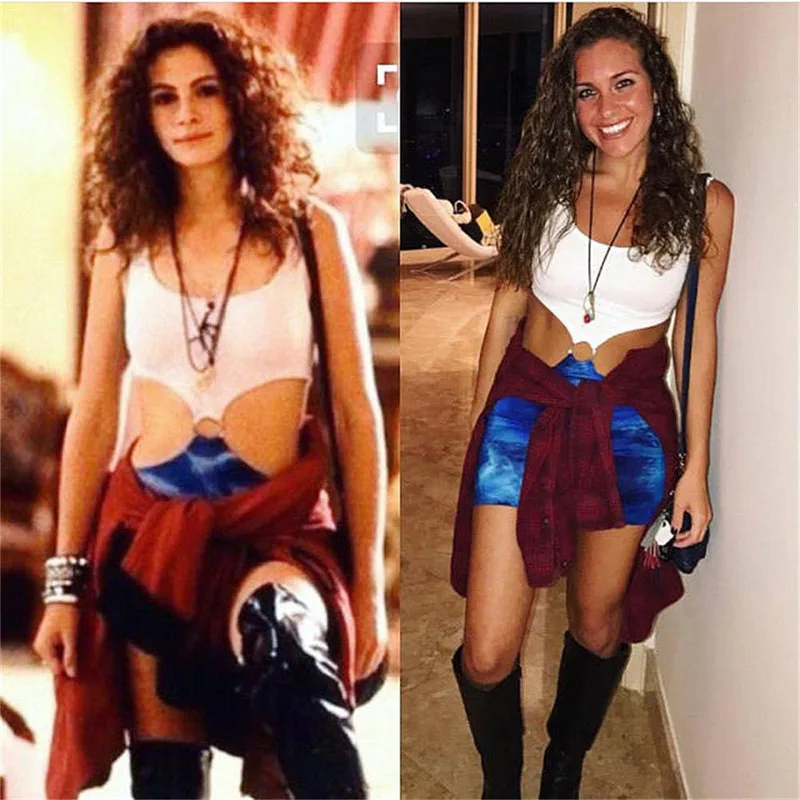 Cosplay Film jolie femme Julia Roberts romantique comédie Film Costume Sexy bleu taille nue TieDye découpe robe Halloween