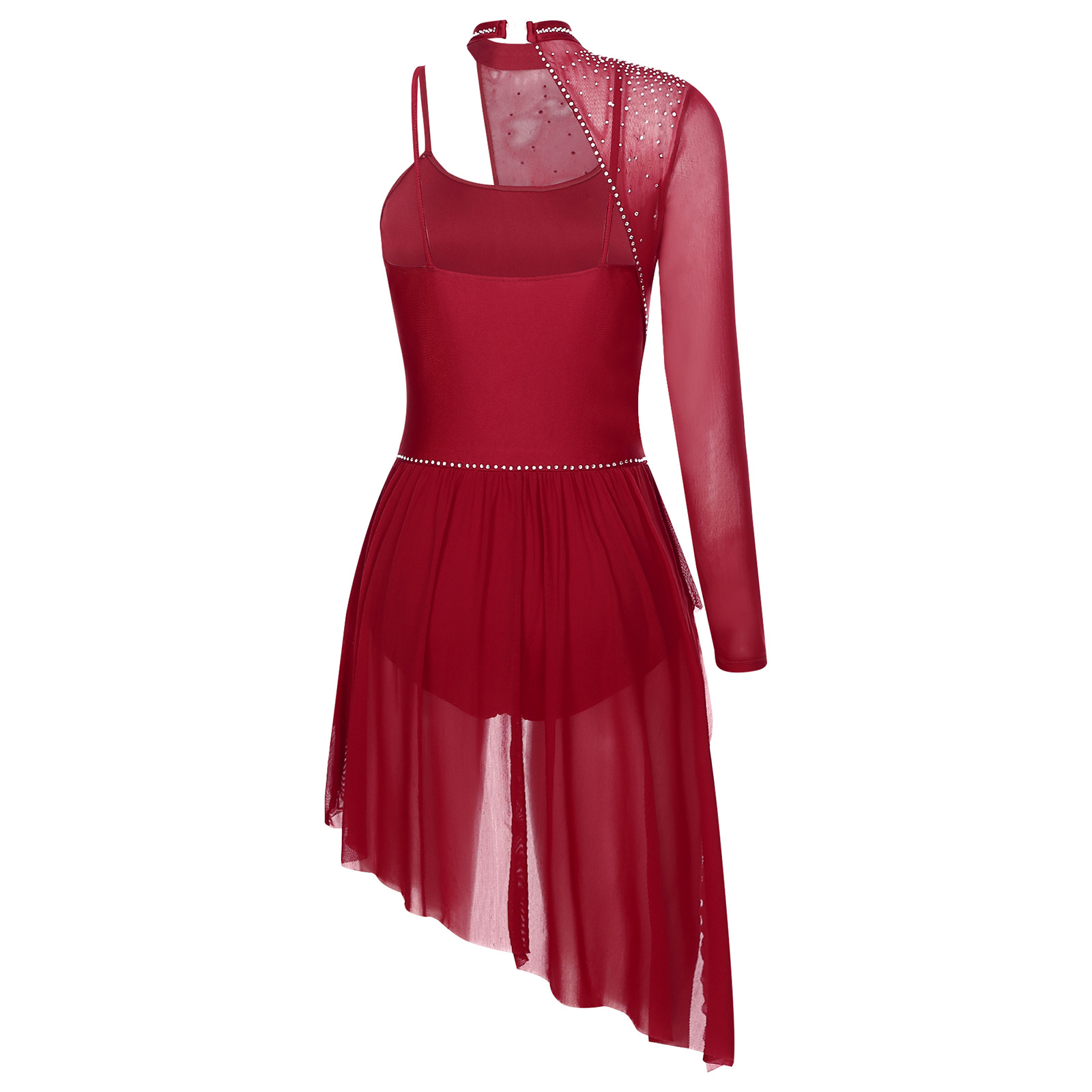 Robe de danse lyrique pour femmes, asymétrique épaule dénudée, maille asymétrique fendue, patinage, gymnastique, justaucorps, Costume de danse contemporaine moderne