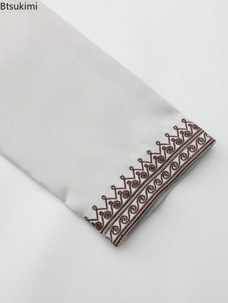 Robe traditionnelle pour hommes 2026, motif ethnique brodé, fermeture éclair, col montant, manches longues, Jubba Thobe, robe musulmane pour hommes, Thobe islamique
