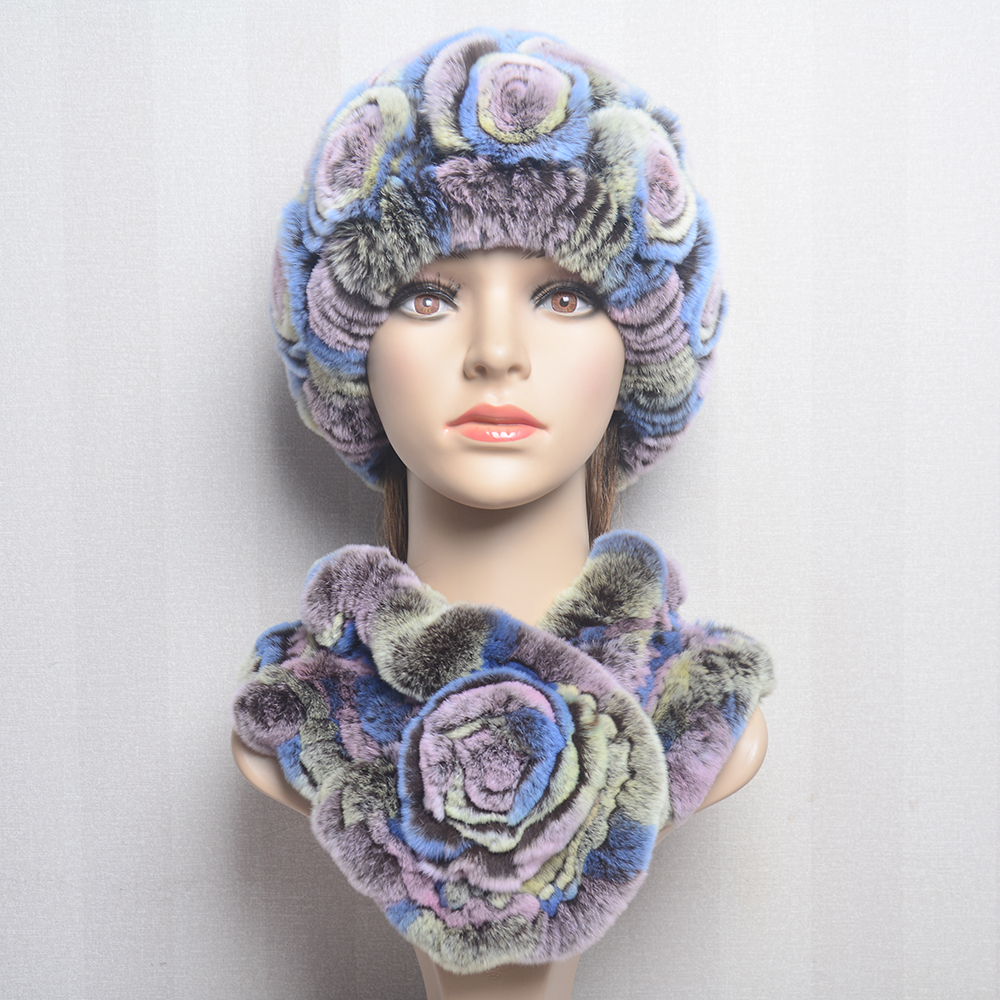 Nouveau femmes hiver fourrure chapeau écharpe ensembles naturel chaud réel Rex lapin fourrure casquette foulards dame tricoté chaud 100% véritable fourrure chapeaux silencieux