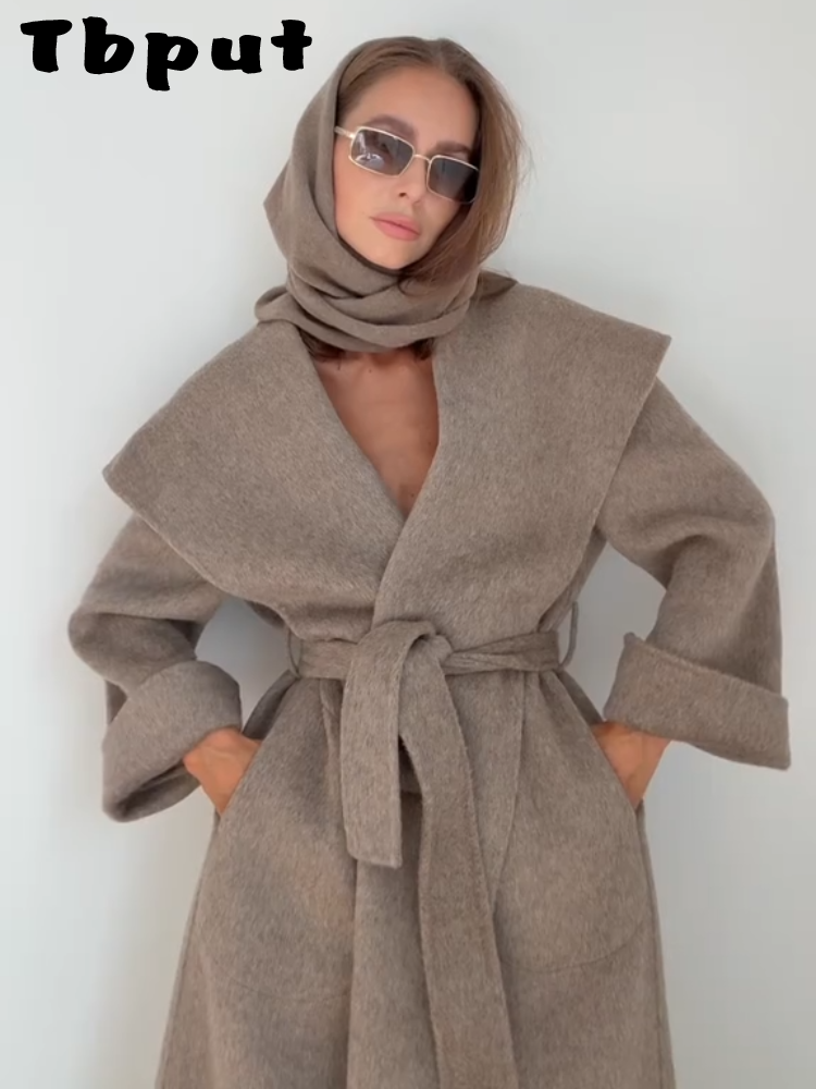 Manteau Long surdimensionné en laine pour femme, élégant, couleur unie, col châle, point ouvert, à lacets, automne-hiver, vêtements d'extérieur décontractés, 2025