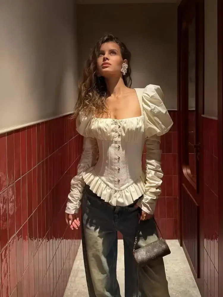 Chemisier chic plissé à motif arête de poisson pour femme, décontracté, col carré, manches bouffantes longues, dos nu, coupe ajustée, 2026, hauts de soirée pour club