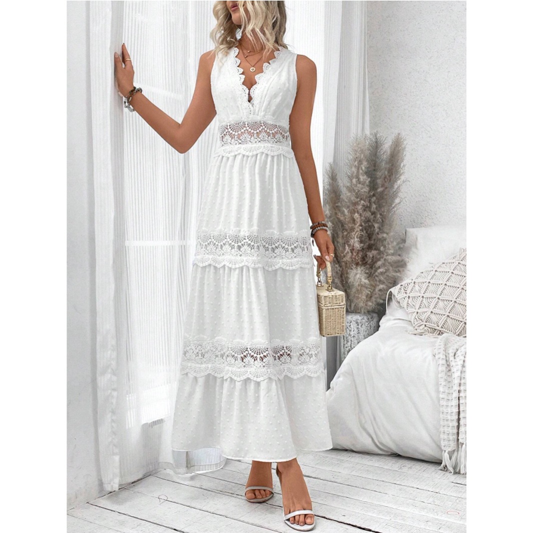 Robe longue décontractée pour femme, nouvelle collection Printemps-Été 2026, couleur unie, avec empiècements en dentelle, col en V, sans manches, taille haute, dos nu, pour le quotidien