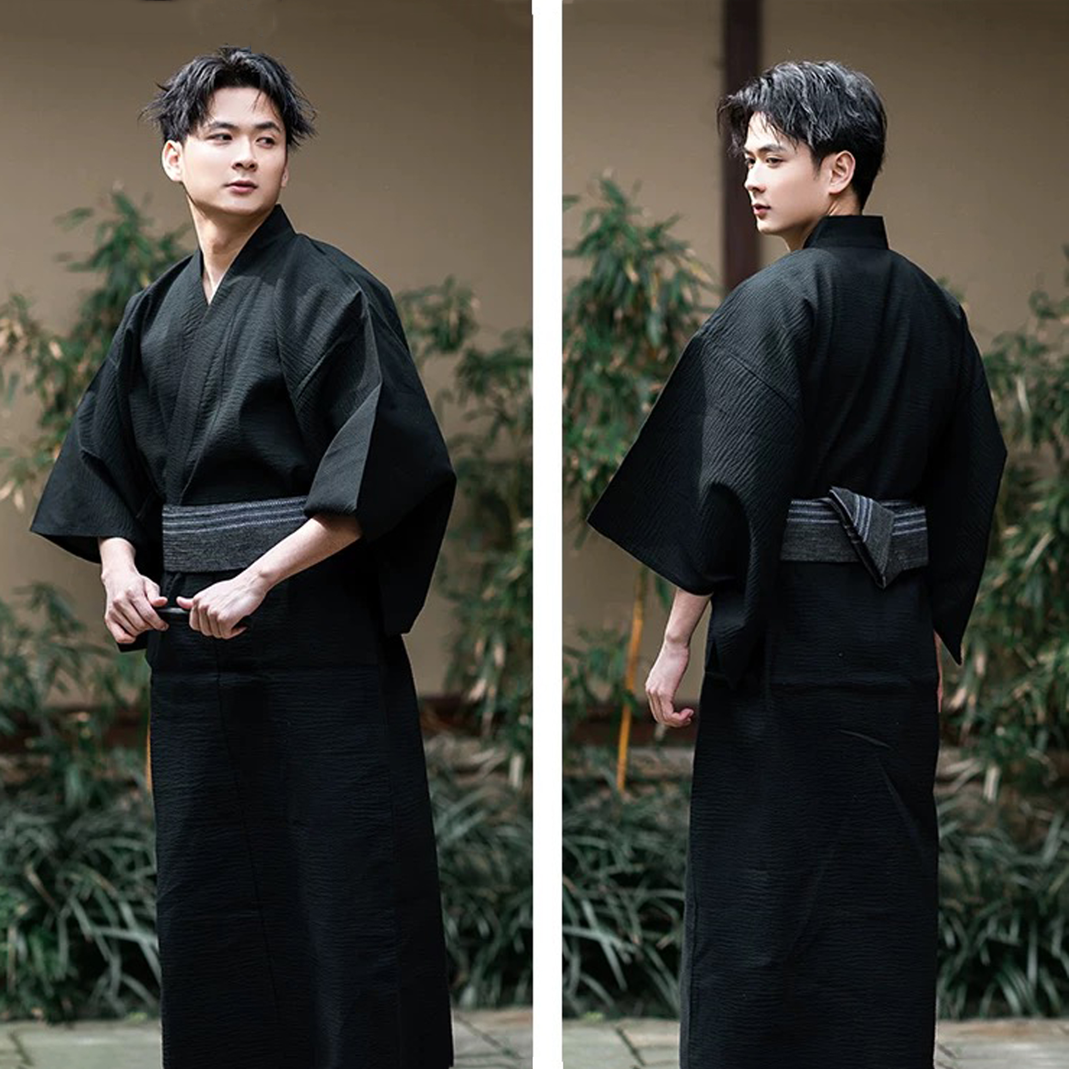 Été marine japonais traditionnel samouraï Kimono pour hommes Yukata Robe de bain Hekoobi Style ample Homewear ceinture longue Robe coton