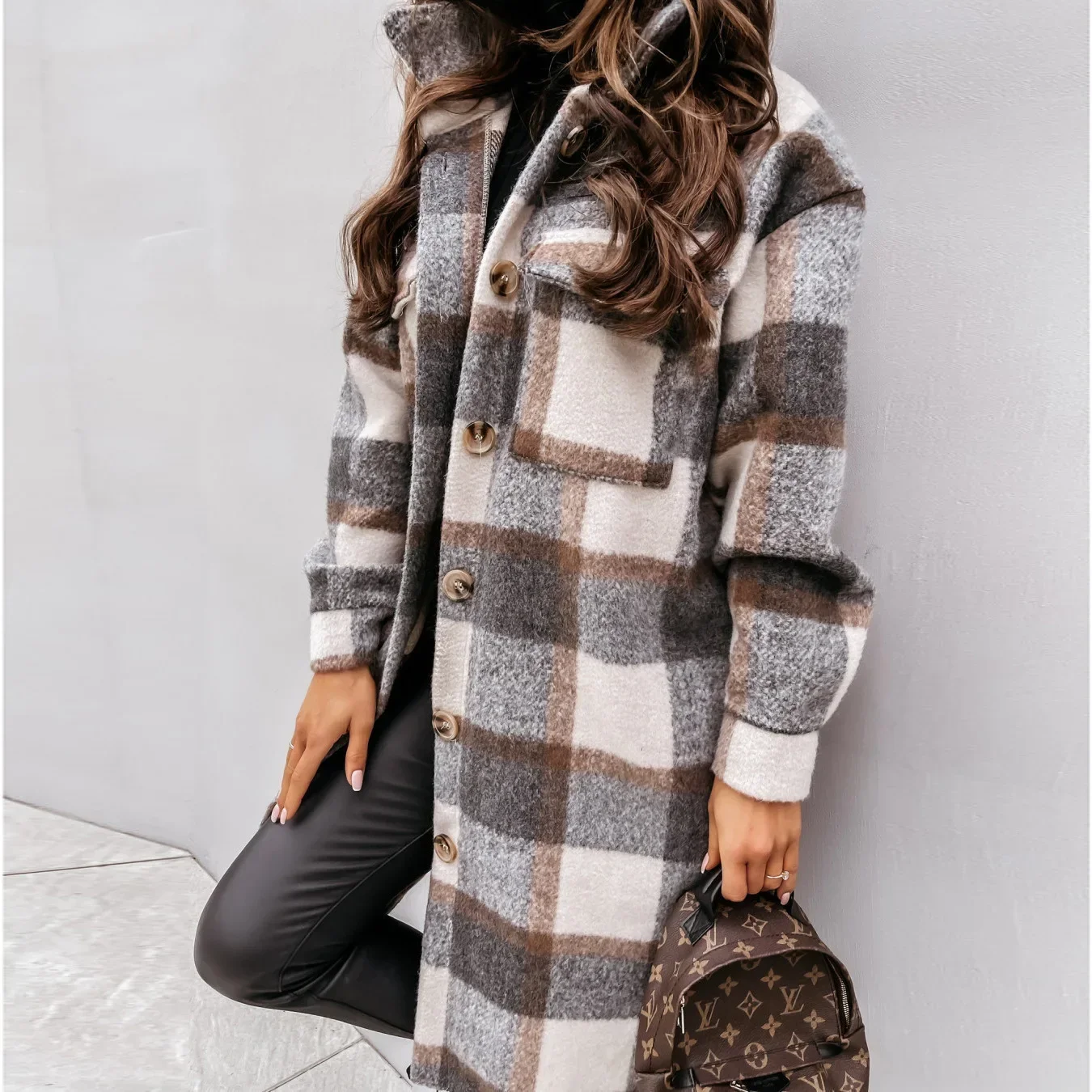 Trench-Coat à simple boutonnage, mode longue automne hiver, vêtements pour femmes, manteau à manches longues en laine à carreaux