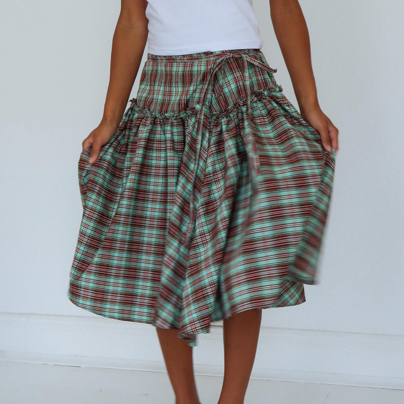 Cottage Plaid taille basse jupe Midi Vintage cravate à volants ourlet une ligne jupe femmes vichy jupe ample à plusieurs niveaux Y2k Streetwear
