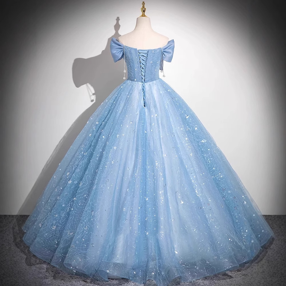 Robe de soirée élégante en Tulle bleu pour femmes, asymétrique épaule dénudée, robe de mariée élégante pour cérémonie de recital de Piano