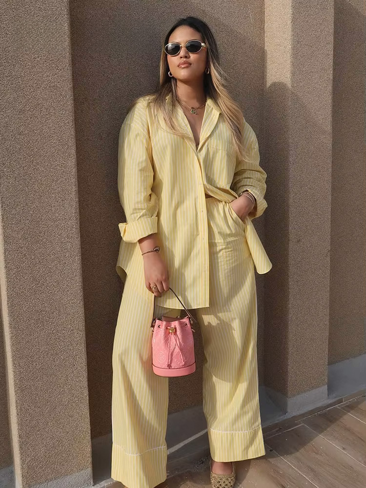 Ensemble 2 pièces chic pour femme : chemise rayée jaune à manches longues et pantalon large à cordon de serrage – Style streetwear