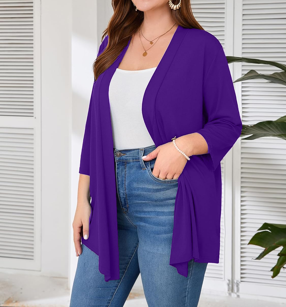 Cardigan grande taille pour femme, manches 3/4, léger et fin, haut tricoté de style châle à ouverture frontale, décontracté, doux et drapé, adapté