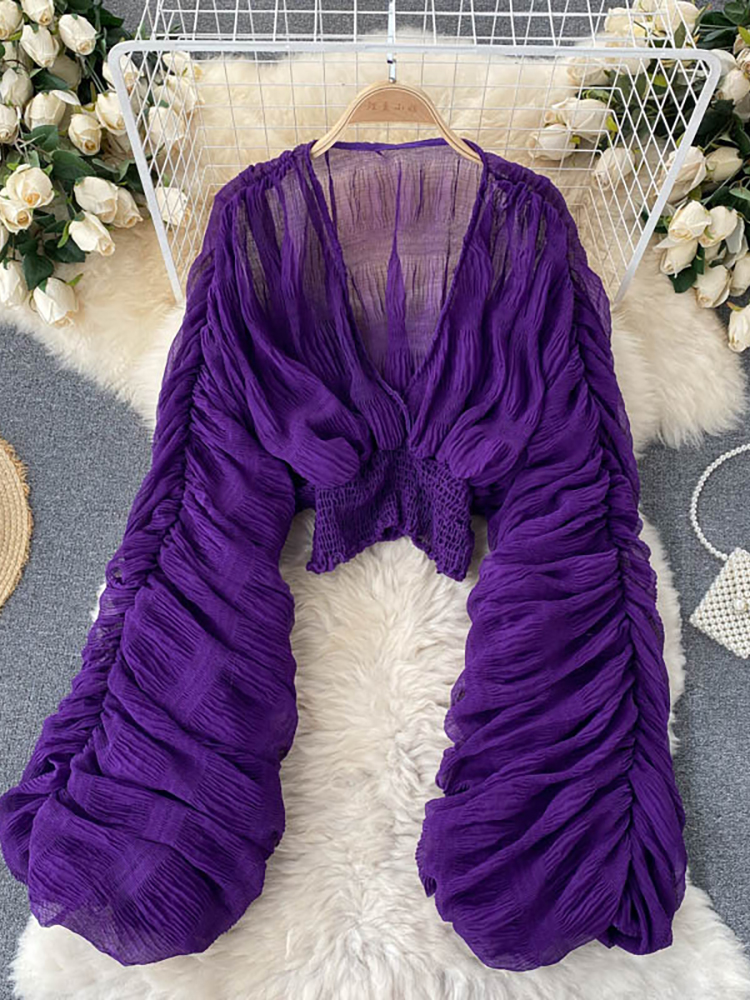 Chemisier drapé en mousseline de soie pour femmes, Sexy, élégant, col en v, manches longues bouffantes, hauts courts, chemises de fête Slim, nouvelle mode été 2022
