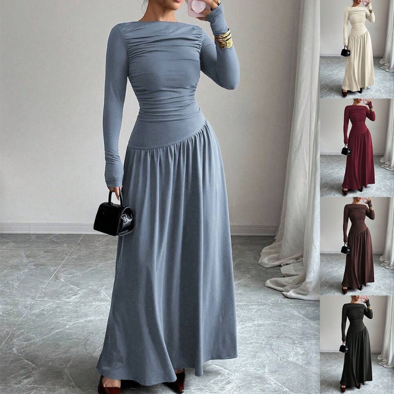 Robes de soirée élégantes pour femmes, col bateau modeste, couleur unie, manches longues, robe maxi plissée et fluide pour les occasions quotidiennes et les soirées.