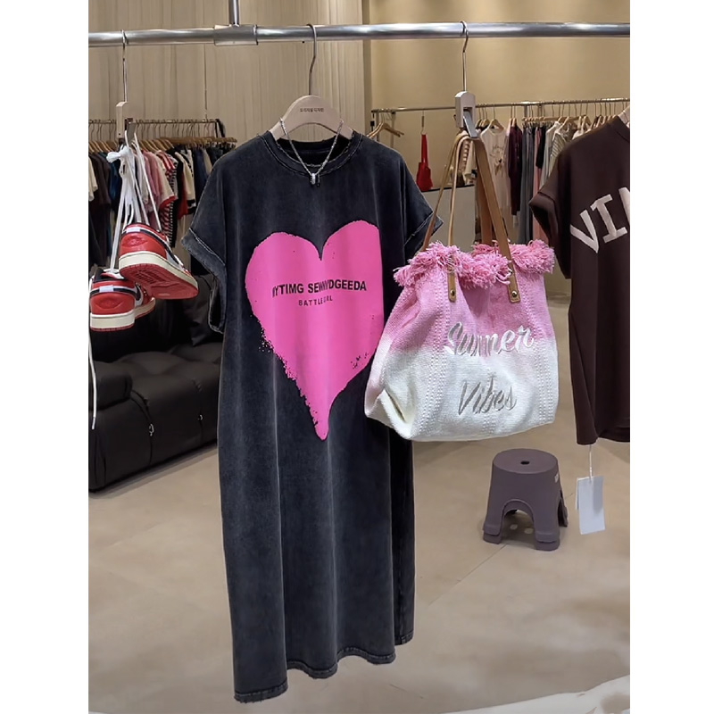 Robe t-shirt mi-longue à manches courtes et col rond pour femmes, impression vintage, robes grande taille, mode décontractée, vêtements d'été